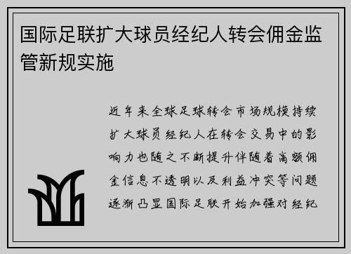 国际足联扩大球员经纪人转会佣金监管新规实施