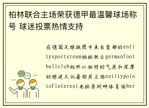 柏林联合主场荣获德甲最温馨球场称号 球迷投票热情支持